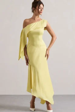 Freesia | Lemon Satin Asymmetric Draped Split Maxi Dress
