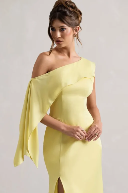 Freesia | Lemon Satin Asymmetric Draped Split Maxi Dress