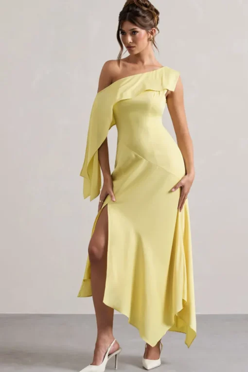 Freesia | Lemon Satin Asymmetric Draped Split Maxi Dress