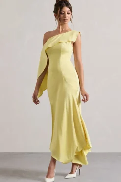 Freesia | Lemon Satin Asymmetric Draped Split Maxi Dress