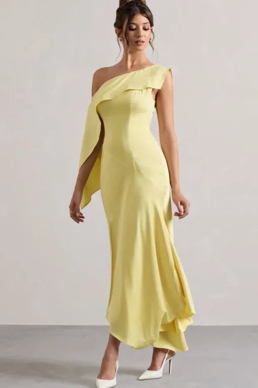 Freesia | Lemon Satin Asymmetric Draped Split Maxi Dress