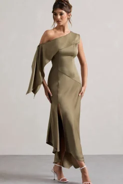 Freesia | Olive Satin Asymmetric Draped Split Maxi Dress