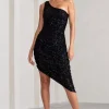 Friya | Black Sequin Asymmetrical One Shoulder Ruched Midi Dress