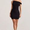 Front Page | Black Ruched Asymmetric Bodycon Mini Dress