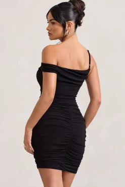 Front Page | Black Ruched Asymmetric Bodycon Mini Dress