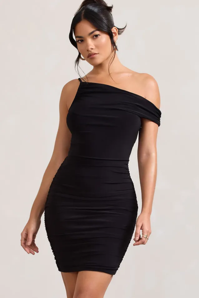 Front Page | Black Ruched Asymmetric Bodycon Mini Dress