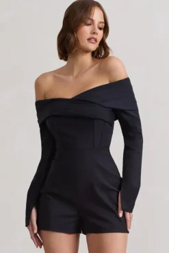 Front Row | Black Long-Sleeved Bardot Corset Playsuit