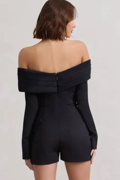 Front Row | Black Long-Sleeved Bardot Corset Playsuit