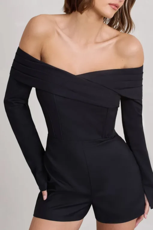 Front Row | Black Long-Sleeved Bardot Corset Playsuit