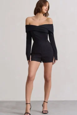 Front Row | Black Long-Sleeved Bardot Corset Playsuit