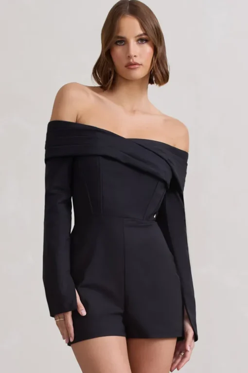 Front Row | Black Long-Sleeved Bardot Corset Playsuit