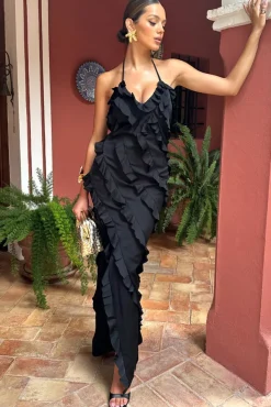 Full On | Black V-Neck Ruffle Maxi Dress