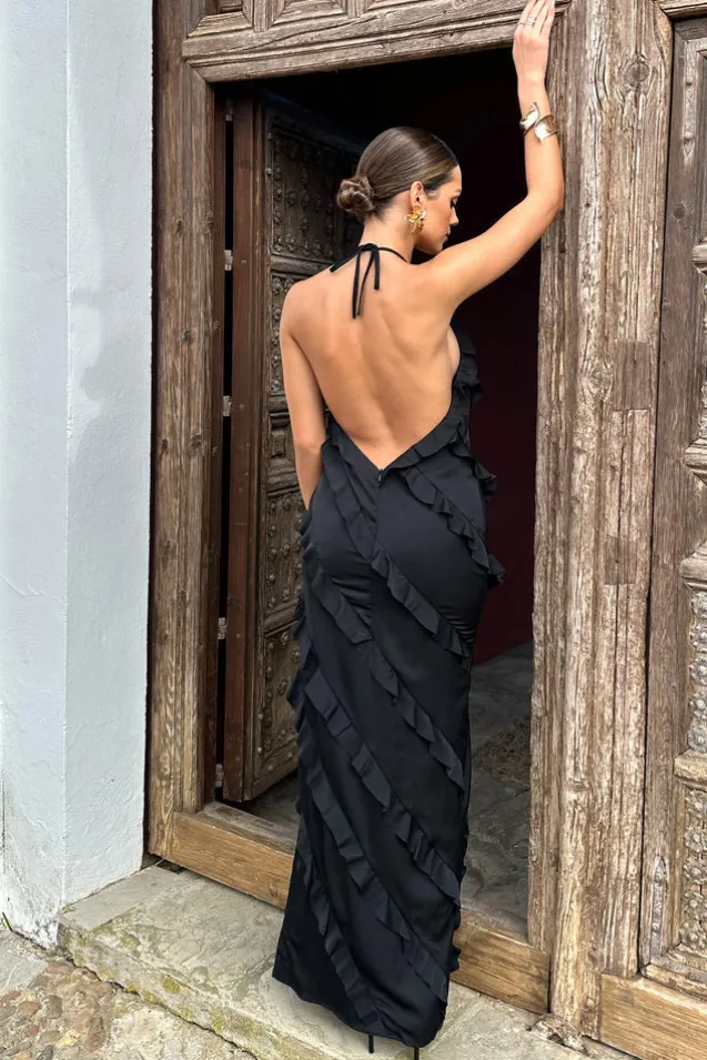 Full On | Black V-Neck Ruffle Maxi Dress
