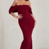 Gabrielle | Berry Red Bardot Neckline With Drape Sleeves Maxi Dress