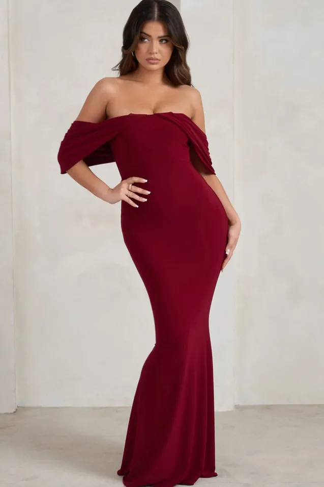 Gabrielle | Berry Red Bardot Neckline With Drape Sleeves Maxi Dress