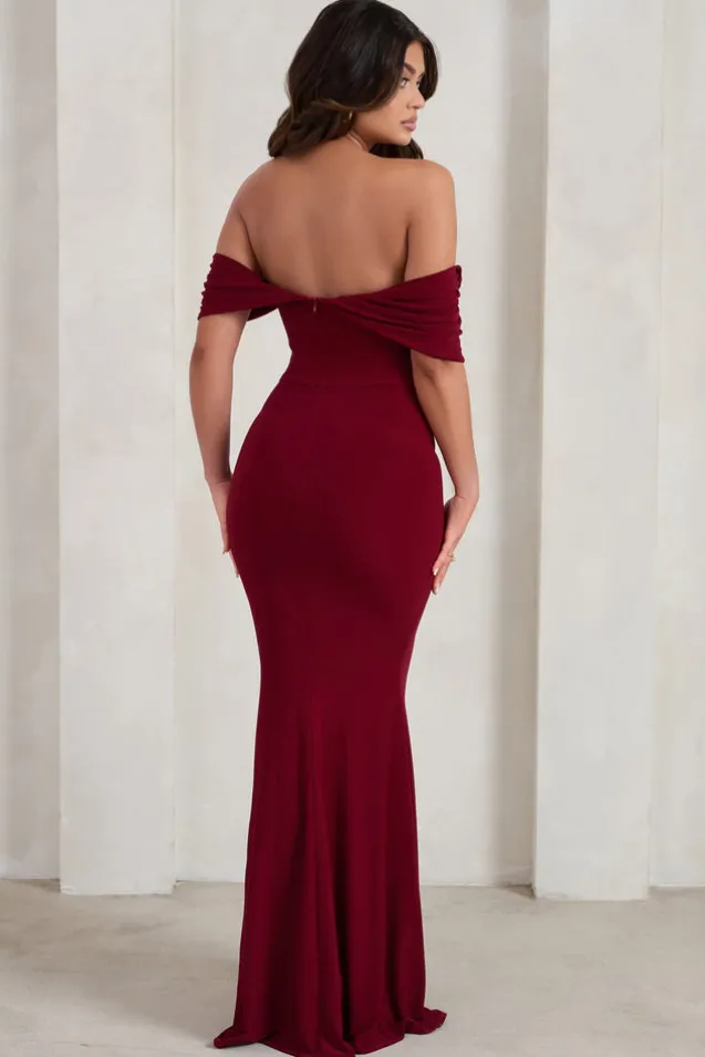 Gabrielle | Berry Red Bardot Neckline With Drape Sleeves Maxi Dress