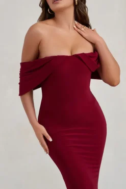 Gabrielle | Berry Red Bardot Neckline With Drape Sleeves Maxi Dress