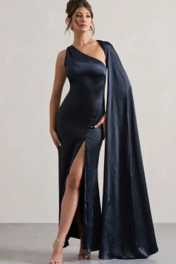 Gala | Navy Satin One-Shoulder Cape Sleeve Split Maxi Dress
