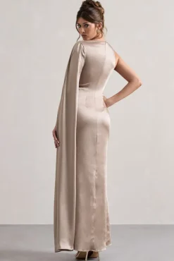 Gala | Taupe Satin One-Shoulder Cape Sleeve Split Maxi Dress
