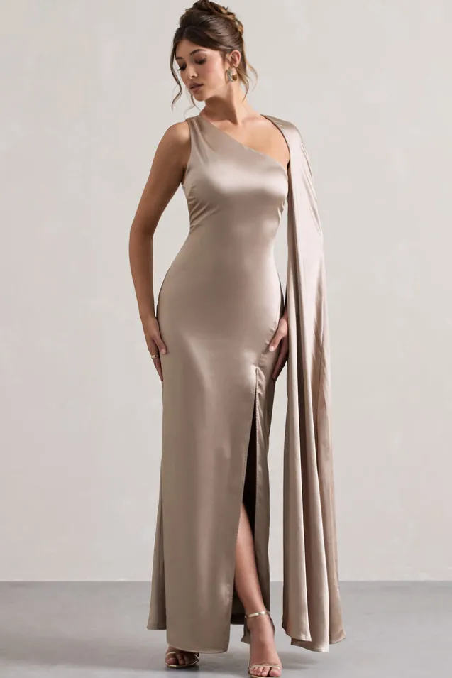 Gala | Taupe Satin One-Shoulder Cape Sleeve Split Maxi Dress