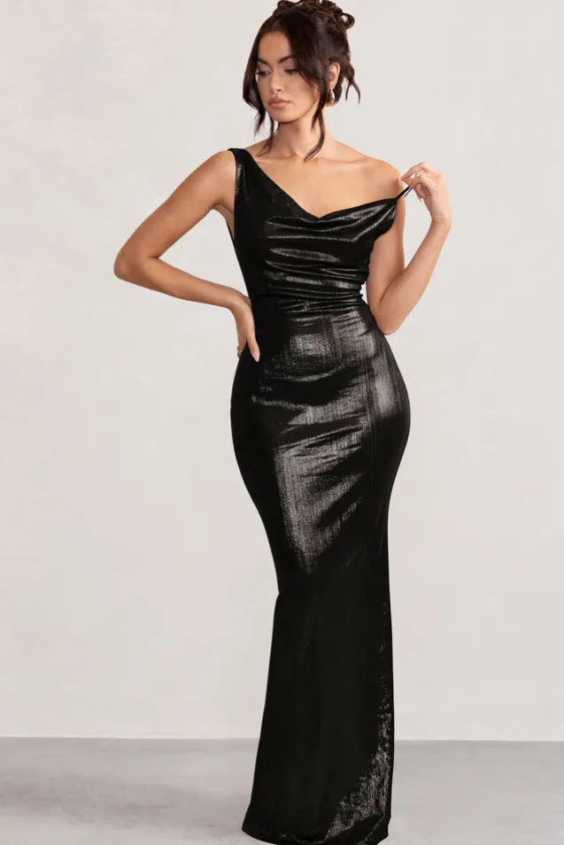 Galaxy Shimmer | Black Bias Cut Cowl Front Maxi Dress