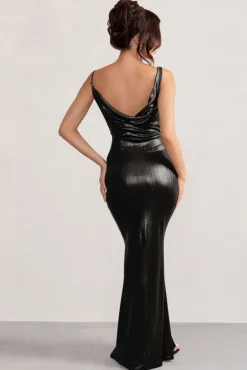 Galaxy Shimmer | Black Bias Cut Cowl Front Maxi Dress