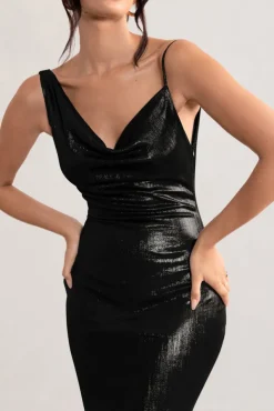Galaxy Shimmer | Black Bias Cut Cowl Front Maxi Dress