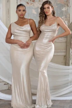 Galaxy Shimmer | Gold Bias Cut Cowl Front Maxi Dress