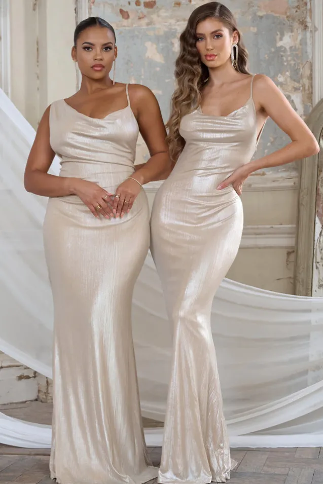 Galaxy Shimmer | Gold Bias Cut Cowl Front Maxi Dress