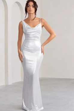 Galaxy Shimmer | Silver Bias Cut Cowl Front Maxi Dress