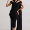 Galia | Black Strappy Midi Dress With Drape
