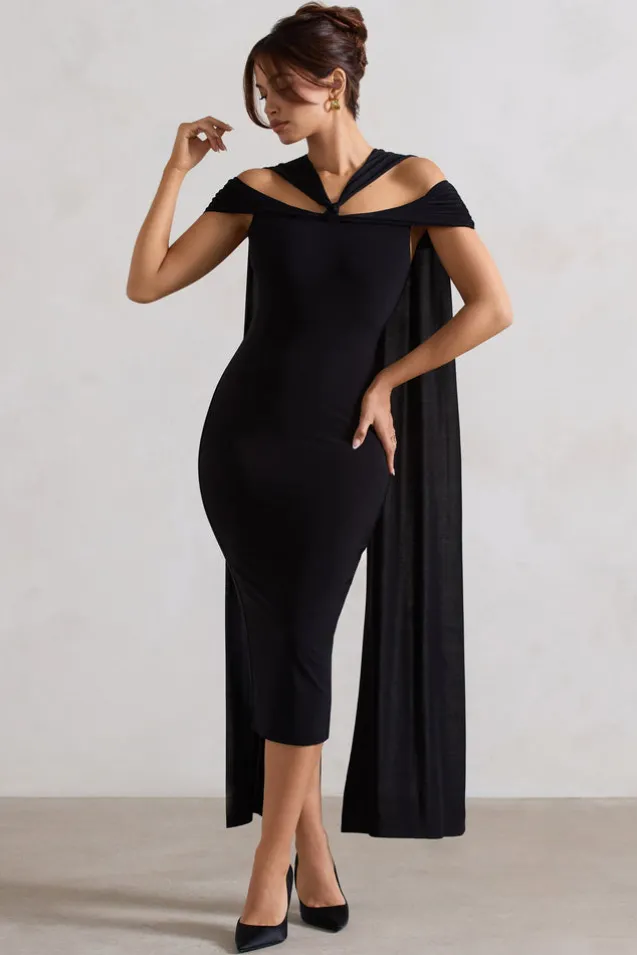 Galia | Black Strappy Midi Dress With Drape