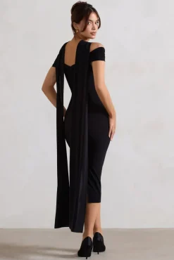 Galia | Black Strappy Midi Dress With Drape