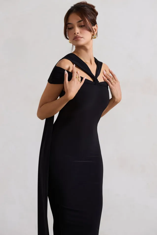 Galia | Black Strappy Midi Dress With Drape