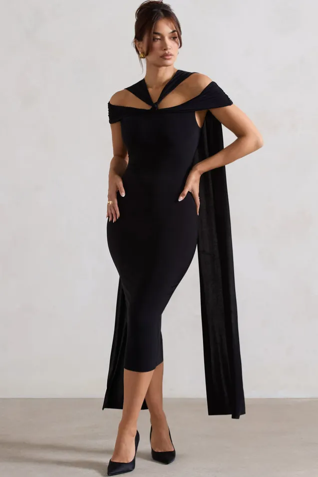 Galia | Black Strappy Midi Dress With Drape