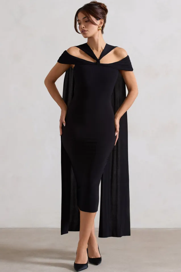 Galia | Black Strappy Midi Dress With Drape