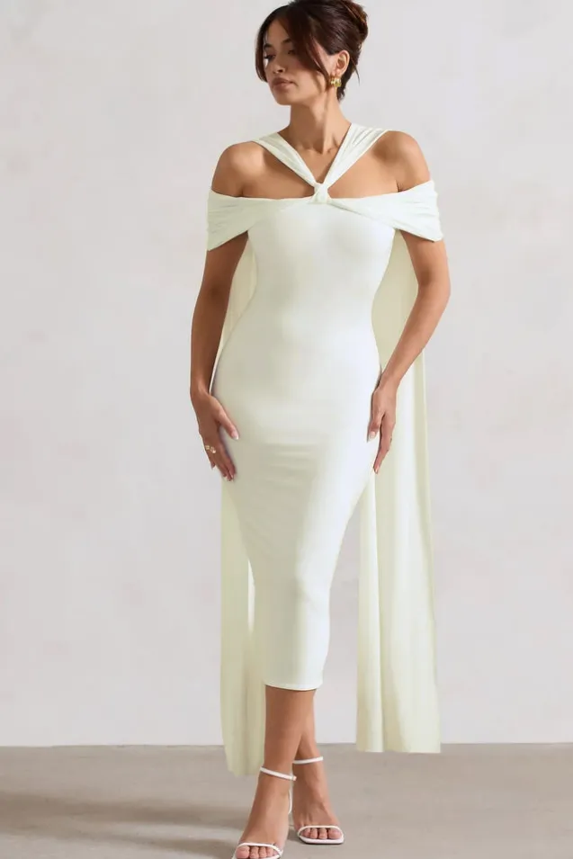 Galia | White Strappy Midi Dress With Drape