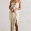 Gardenia | Champagne Strapless Ruffle Maxi Dress With Corsage