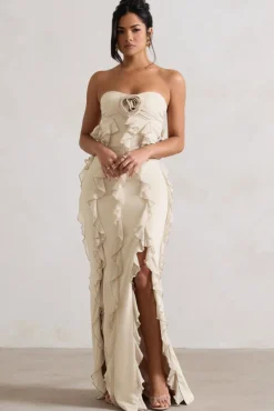 Gardenia | Champagne Strapless Ruffle Maxi Dress With Corsage