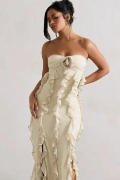 Gardenia | Champagne Strapless Ruffle Maxi Dress With Corsage