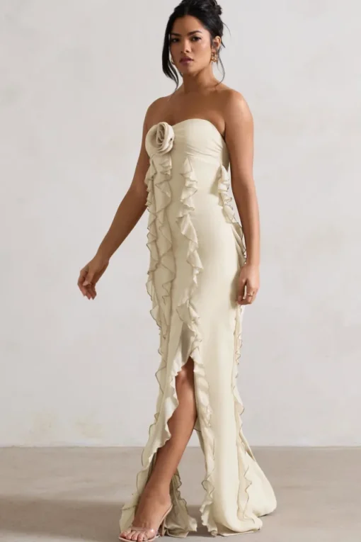 Gardenia | Champagne Strapless Ruffle Maxi Dress With Corsage