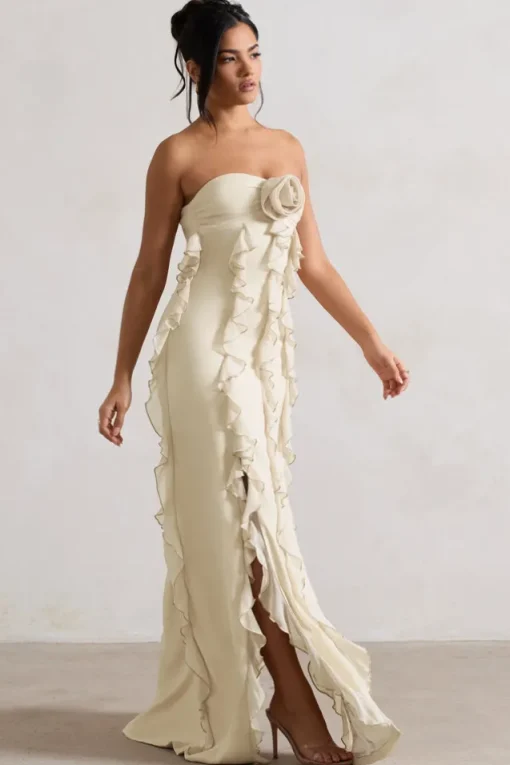 Gardenia | Champagne Strapless Ruffle Maxi Dress With Corsage