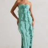 Gardenia | Mint Green Strapless Ruffle Maxi Dress With Corsage
