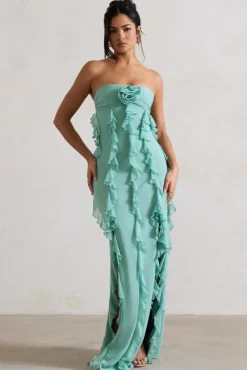 Gardenia | Mint Green Strapless Ruffle Maxi Dress With Corsage
