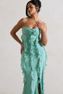 Gardenia | Mint Green Strapless Ruffle Maxi Dress With Corsage