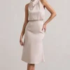 Geena | Champagne Satin Twisted High-Neck Midi Dress