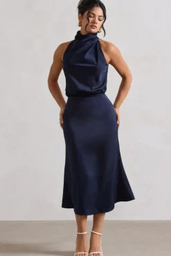 Geena | Navy Satin Twisted High-Neck Midi Dress