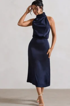 Geena | Navy Satin Twisted High-Neck Midi Dress