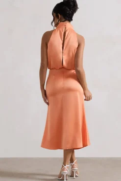 Geena | Peach Satin Twisted High-Neck Midi Dress