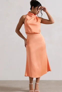 Geena | Peach Satin Twisted High-Neck Midi Dress